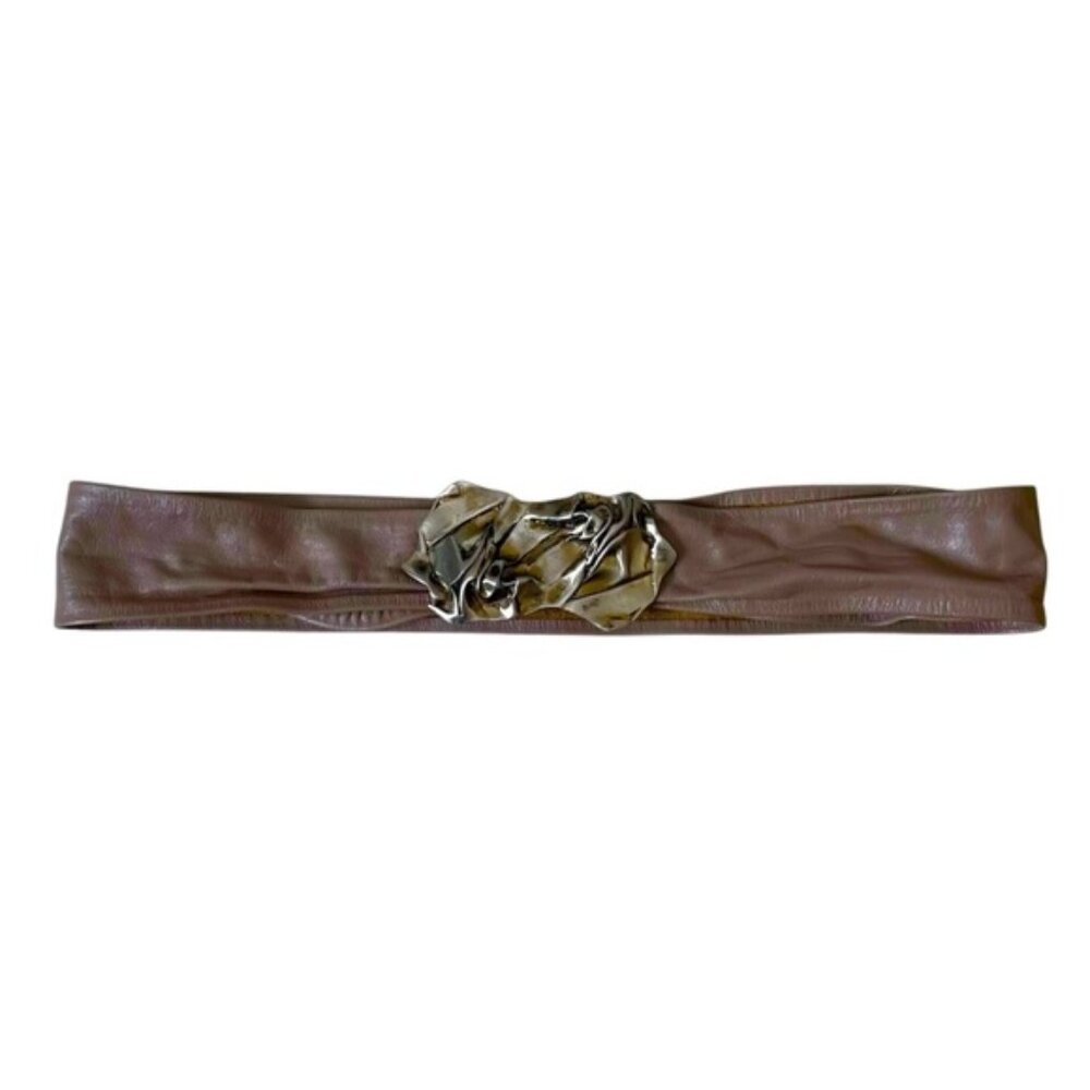 Vintage Leather Belt Metal Brutalist Buckle Tan Taupe One Size
